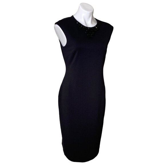 Tahari ASL NWT $169 Black Beaded Knit Cocktail Sheath Dress, Women's Size 8 - Picture 2 of 9